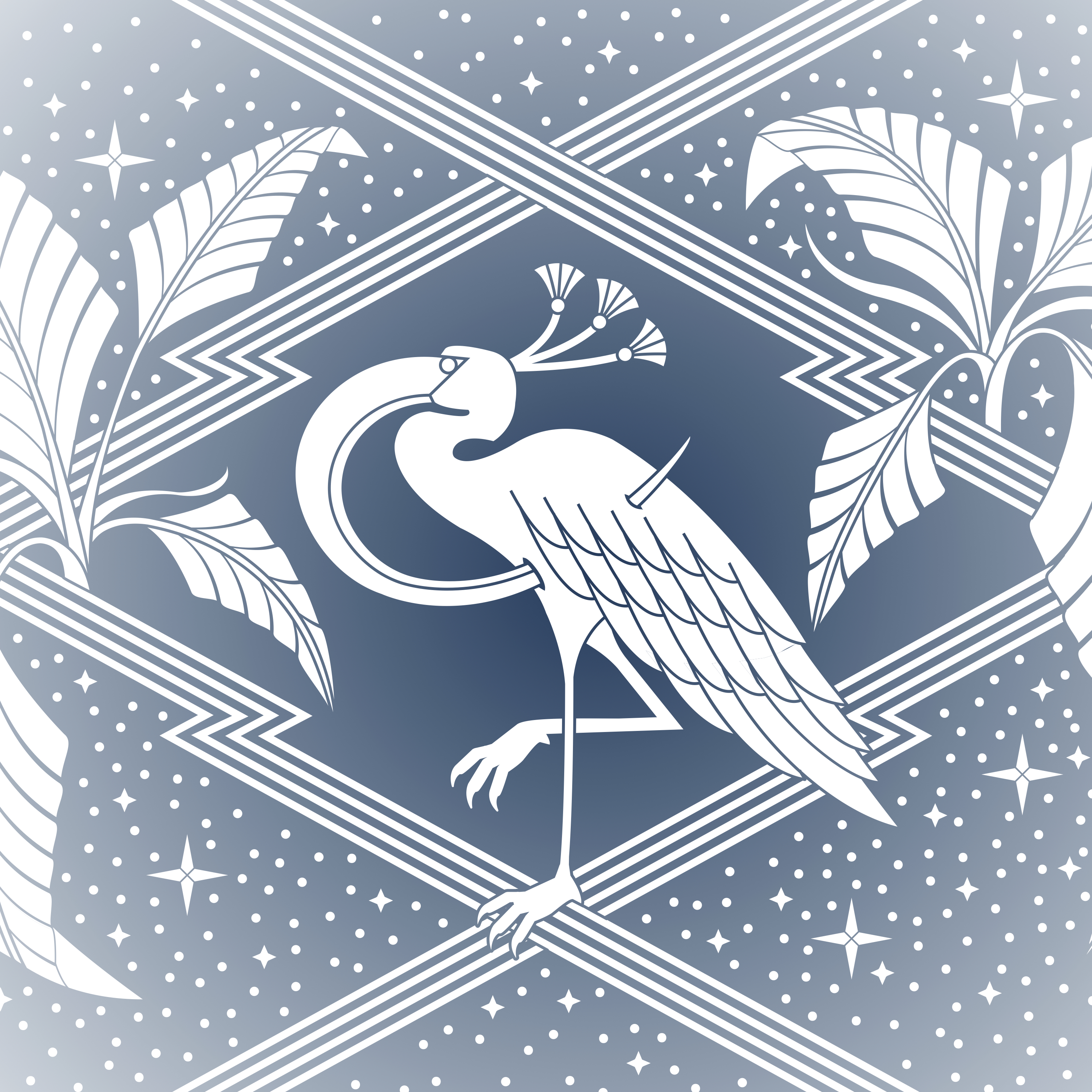 A design in blue and white. The design features a large bird with an arch shaped beak standing on one leg. Around the bird are some stars and dots, thick straight lines, and plants. 