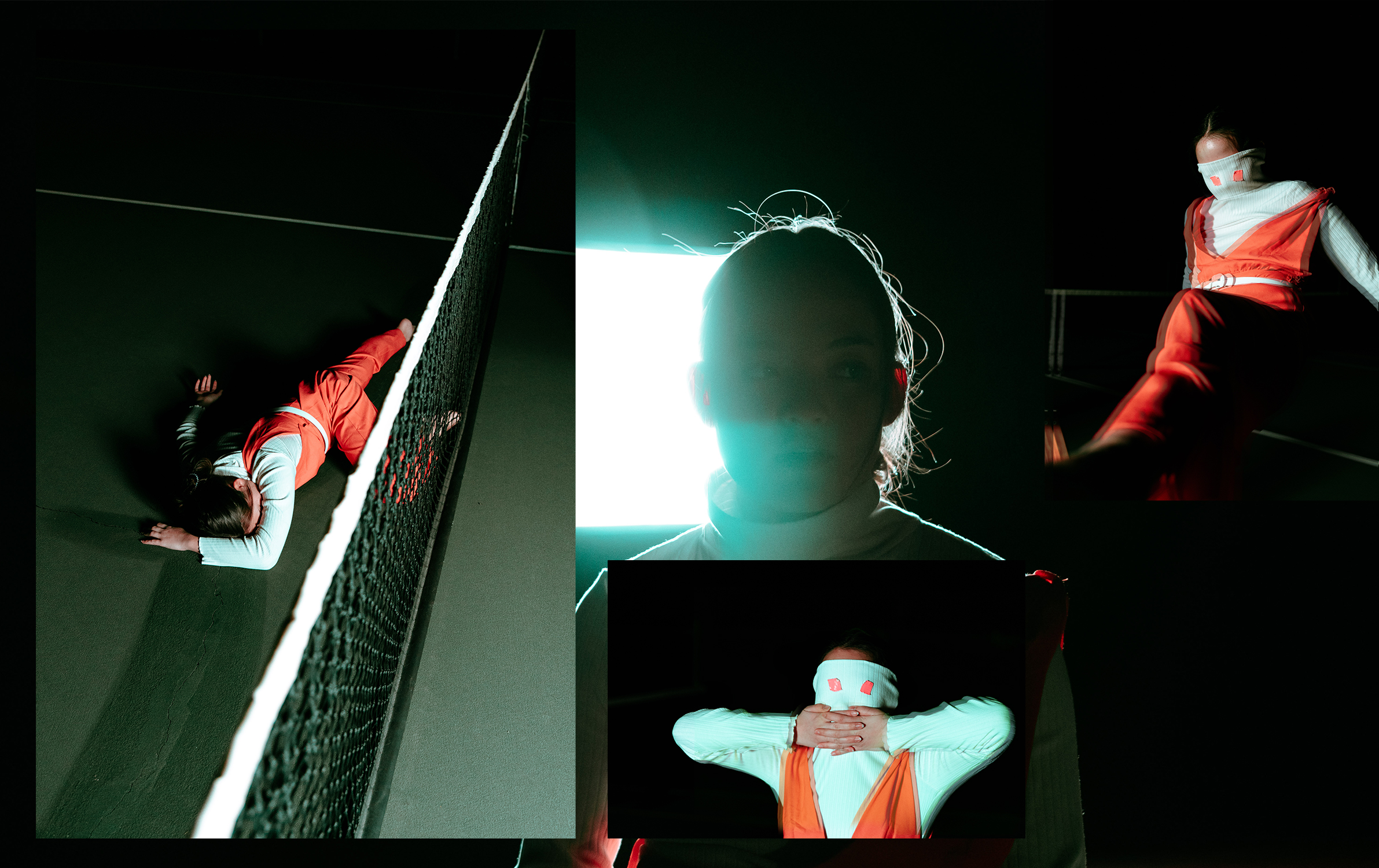 A photo collage of a person in red and white at a tennis course during the night. They are in different dynamic poses. 