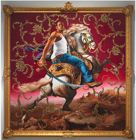 Black male dressed in a white tank top and blue jeans, sneakers, atop a white horse with a cheetah print saddle. Set against a red back drop that has gilded graphics around the male 
