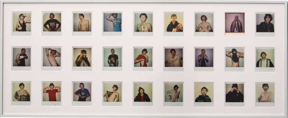 27 polaroids of young men posing dynamically against a blank wall. Some are bearded, have scraggly hair, while others are clean shaven with buzzed hair. Some are shirtless and others are clothed.