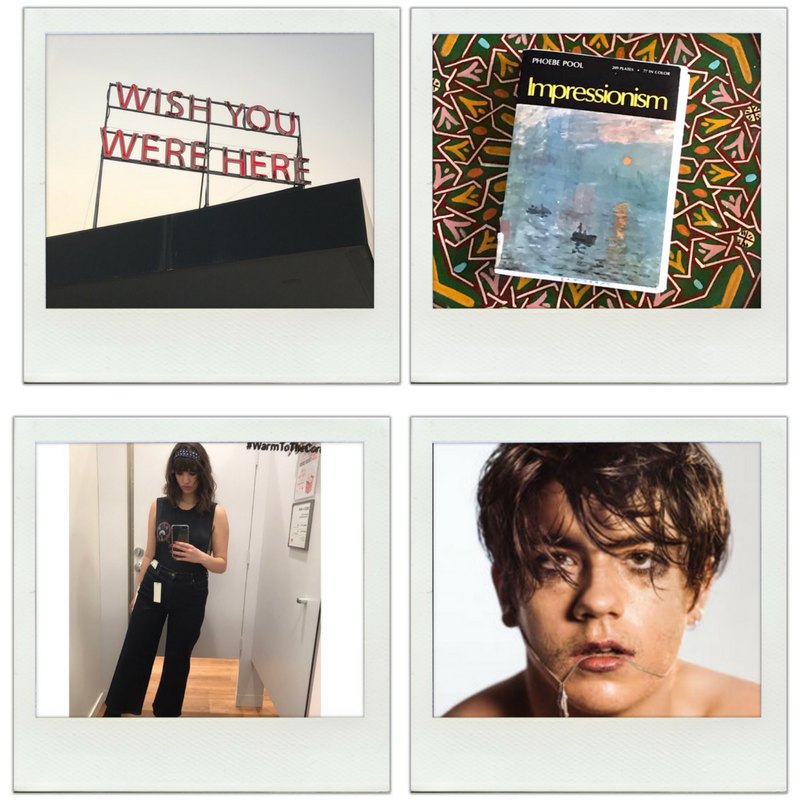Poloroid of a neon sign reading Wish you Were Here. A book on a table reading Impressionism. A woman takes a selfie in a changing room. An image of musician Declan McKenna with a chain held in his lips. 