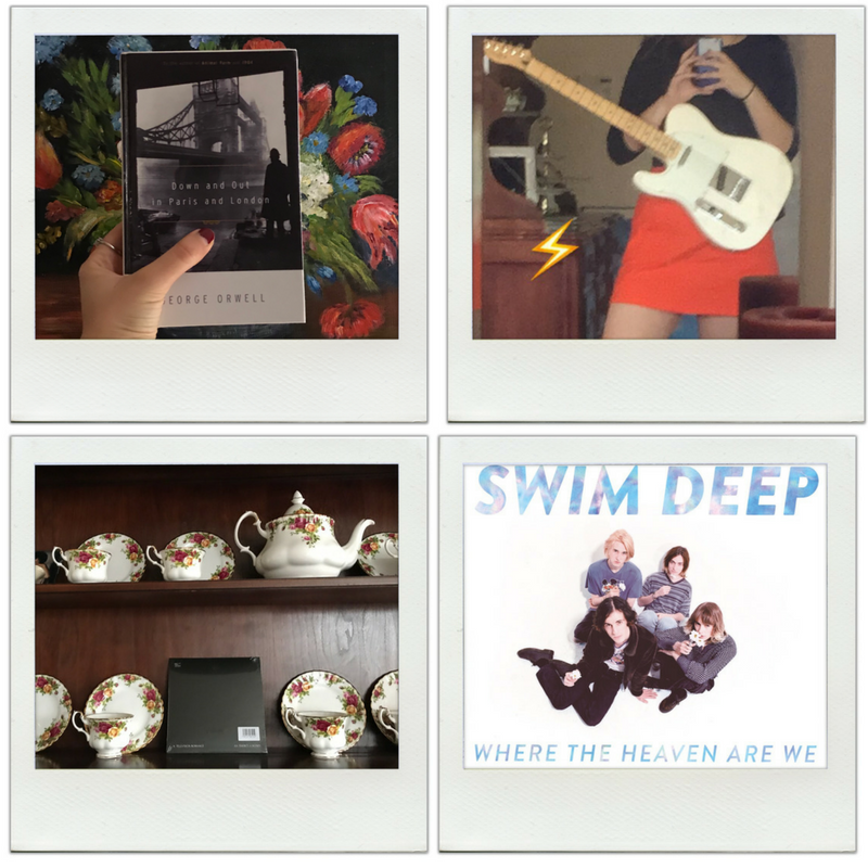 Four poloroids. One is a book. A person takes a selfie while holding a white electric guitar. China tea set on wooden shelves. An image of four men looking up at the camera. Swim Deep, Where the Heaven Are We, reads the text. 