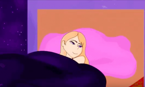 An illustration of a blonde woman in a bed with a big pink pillow. The background is full of stars. 