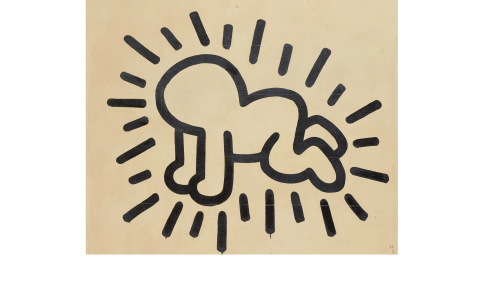 Image of a Keith Haring mural of a figure drawn with a black outline. The figure looks like a baby crawling on all fours, with radiant lines drawn around it.