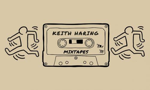 Black graphic drawing of a mixtape cassette with the artist, Keith Haring's, famous dancing figures to the left and right of the cassette tape.