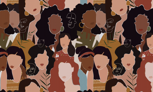graphic design of women of all ethnicities. Women's History Month is written in white in the bottom right corner