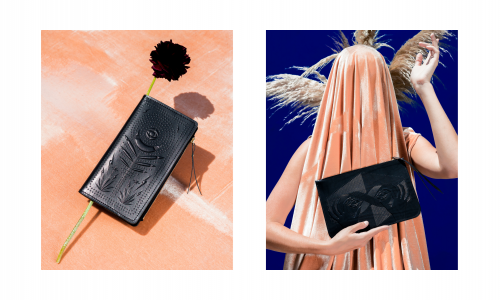 Two images side by side. The one of the left features a black zip wallet with mystical design and a flower tucked inside the wallet. It’s photographed under harsh light, which casts a shadow on the pink velvet backdrop the wallet is photographed on. The image on the right shows a person draped under a pink velvet sheet. In one arm they are holding a large black clutch, and the other arm is up, as if holding a tray. Behind the person is a cobalt blue background and pampas grass. 