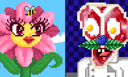 pixelated flowers on the left and pixelated mad scientist on the right
