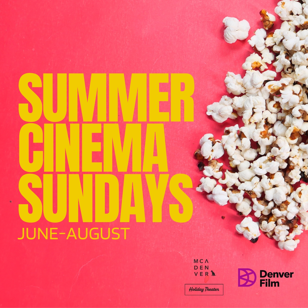 Popcorn on a red background. Yellow text overlay reads "Summer Cinema Sundays"