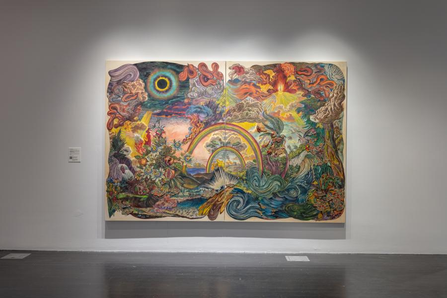 Gallery featuring  one large, colorful painting reminiscent of landscape scenes. There's a rainbow in the center of the painting.