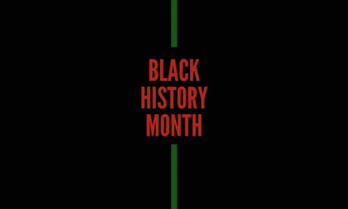 black background with two green stripes in the middle of the image. In between the green stripes written in red is Black History Month